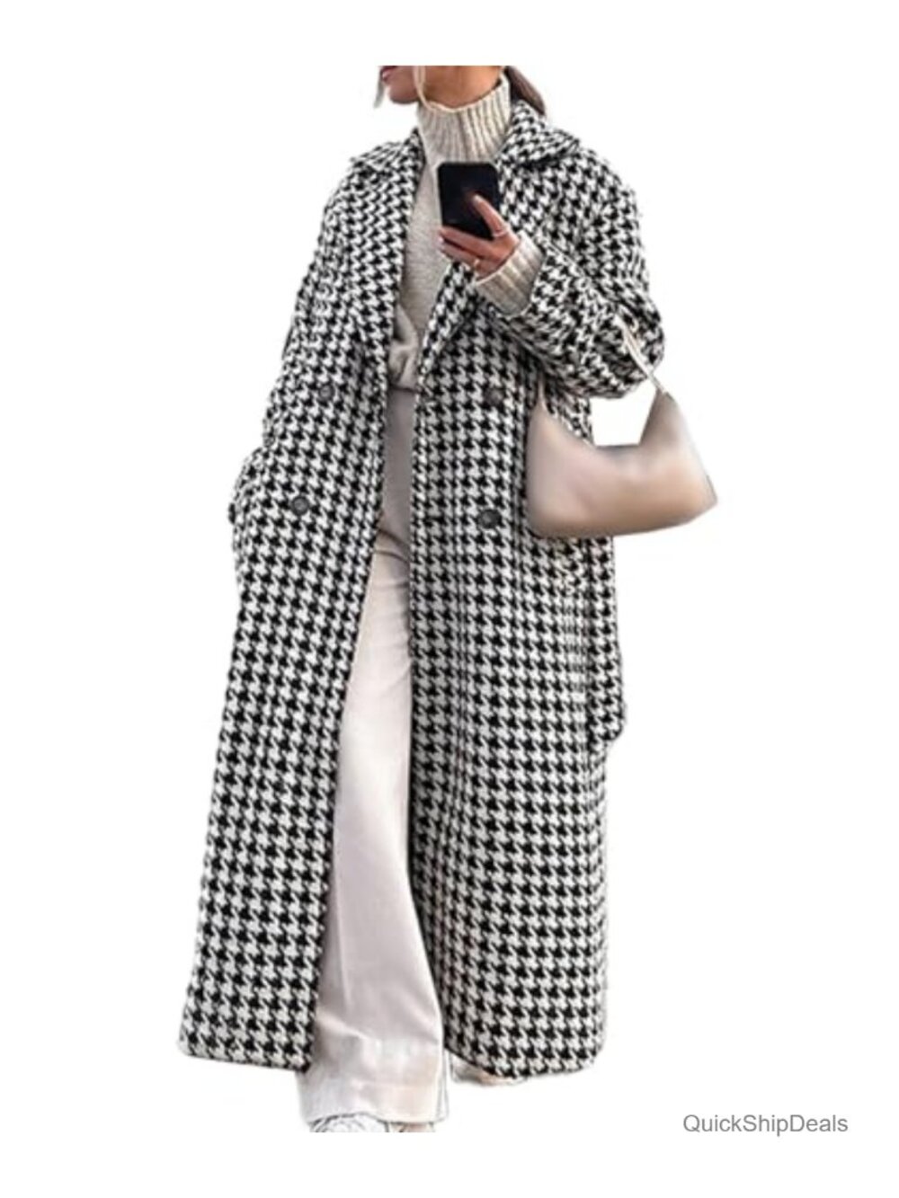 Women's Houndstooth Trench Coat Double Breasted Notch Lapel Jacket Pea Coat
